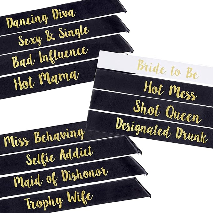 POP FIZZ DESIGNS Bachelorette Sash Set (12 pcs) 1 White Bride to Be Sash + 1 Maid of Honor Sash + 10 Bachelorette Sashes for The Bride Tribe - Amazing Bachelorette Party Favors