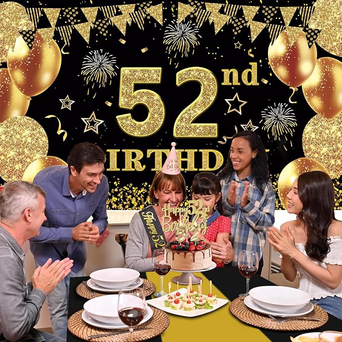 52nd Birthday Decorations Men Women with 52nd Birthday Banner, Black and Gold Table Cloth, Number Balloons, Large Sash, Cake Topper and Candles