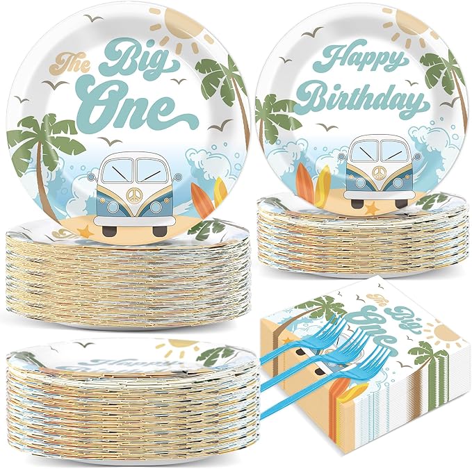 200pcs Summer Beach The Big One Party Plates Napkins Boy Surfing First Birthday Tableware Set Hawaiian Palm Tree Cake Dessert Disposable Dinnerware Retro Wave Decor for Baby Shower Supplies Serves 50