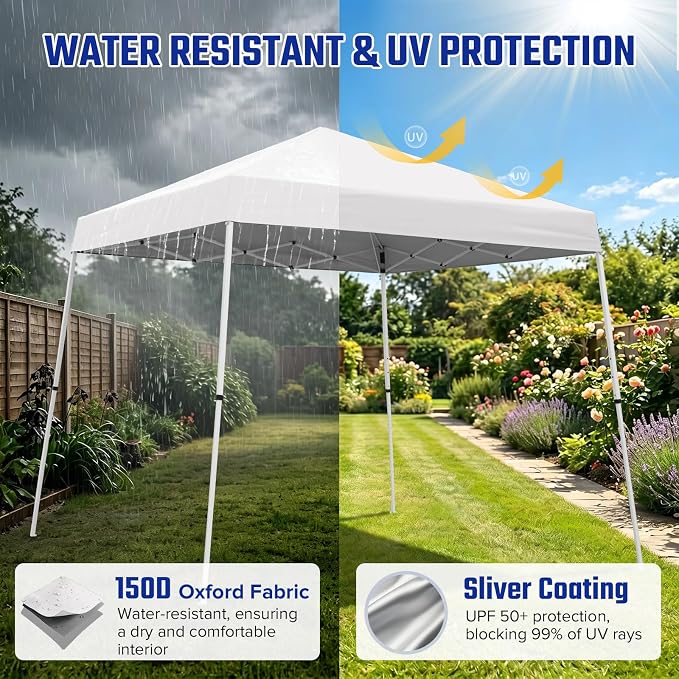 10x10 Pop Up Canopy Tent with Carry Bag, Slant Leg Instant Shade Shelter for Outdoor Events, Camping, Sports, Parties, White