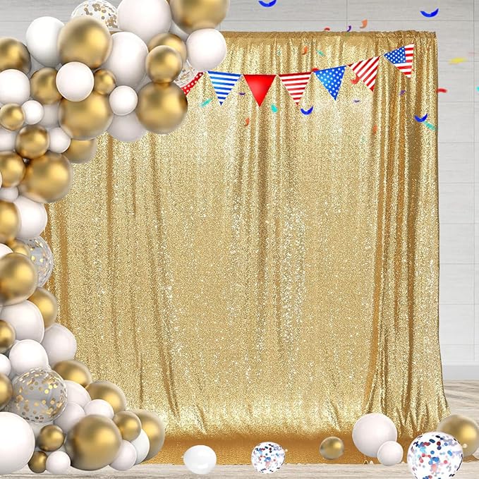 PartyDelight Gold Sequin Backdrop 6x8ft 4 Inch Rod Pocket | Dense 3mm sequins on mesh backing with 4 inch rod pocket for full body photos ceremony arches party walls and stage displays