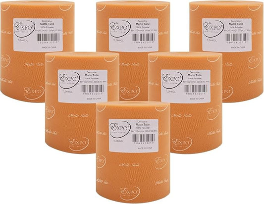 Expo International Decorative Matte Tulle, Roll/Spool of 6” X 200 Yards, Lightweight Polyester Tulle Fabric for Tutus, Costumes, and Party Decorations, Washable, Easy-to-Use, Pack of 6, Gold