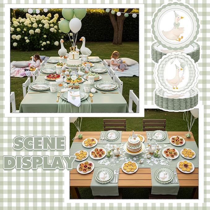 Zhehao 350 Pcs One Silly Goose Birthday Party Tableware Set Sage Green Bow Scalloped Baby Shower Plates Cup Napkins Forks for Birthday Party Decorations Supplies for 50 Guests