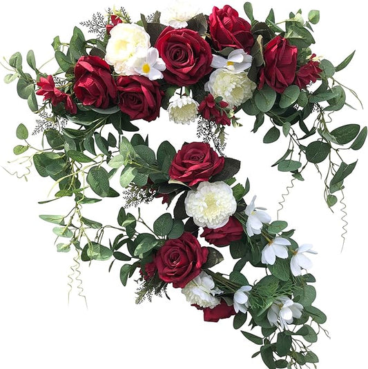 Wedding Arch Flowers,3Pcs Set White Rose Decorative Floral Swags, Artificial Greenery Eucalyptus Leaves Flower For Sheer Drapes, Wedding Chair, Arbor, Wedding Ceremony and Reception Arrangement