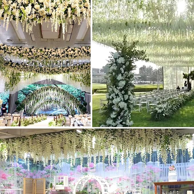 24 Pack Artificial Wisteria Hanging Flowers Fake Wisteria Flower Garland Silk Vines Rattan Decor for Home Wedding Arch Wall Garden Greenery Bedroom Outdoor Office Party Decoration (White)