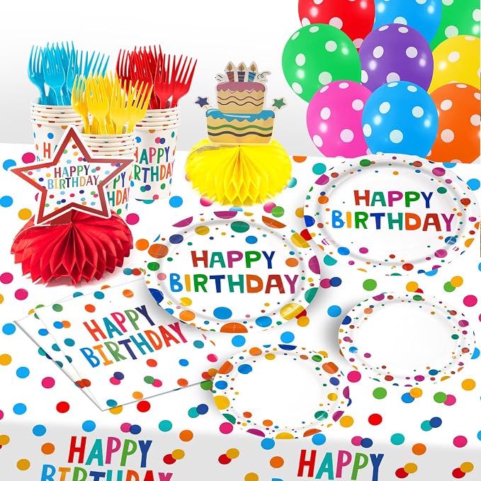 Colorful Dots Party Decorations,155pcs Happy Birthday Themed Party Decorations Include Tablecloth,Plate and Napkin,Cup,Fork,Banner,Balloon,Honey Comb ,Hanging Swirls, Colorful Party Supplies Serve 24