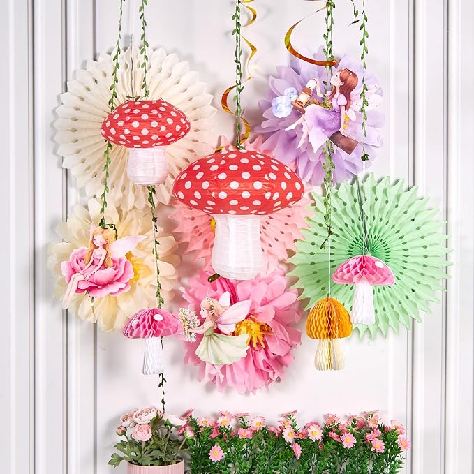 17PCS Fairy Birthday Party Decorations Set Fairy Themed Red Green Purple Pink Paper Mushroom Lantern Decor for Girls Birthday Decor Spring Tea Party Baby Shower