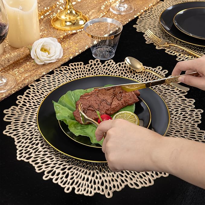 WDF 150PCS Black Plastic Plates - Black and Gold Plates Disposable - 25 Guest Disposable Dinnerware Sets for Party/Wedding/Graduation/Memorial Day