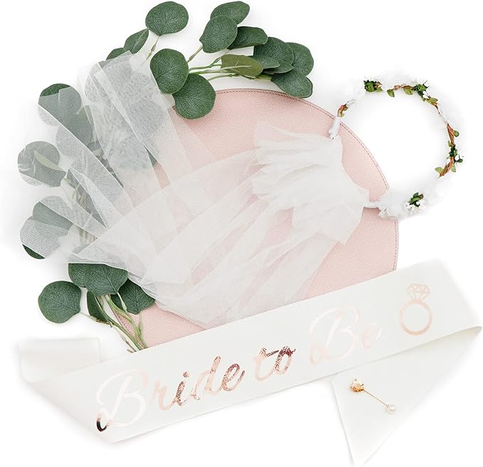 PapaKit Premium Bride to Be Party Sash, Floral Veil & Jewelry Pin Set, Glitter Sparkling Pearl White | Bachelorette Bridal Shower Engagement Wedding Party Favor Gift Decoration Supply