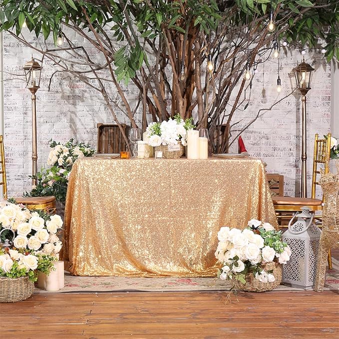 Juya Delight 50" x 80" Light Gold Sequin Tablecloth Rectangle for Wedding Birthday Party Festival Ceremony Cake Dessert Table