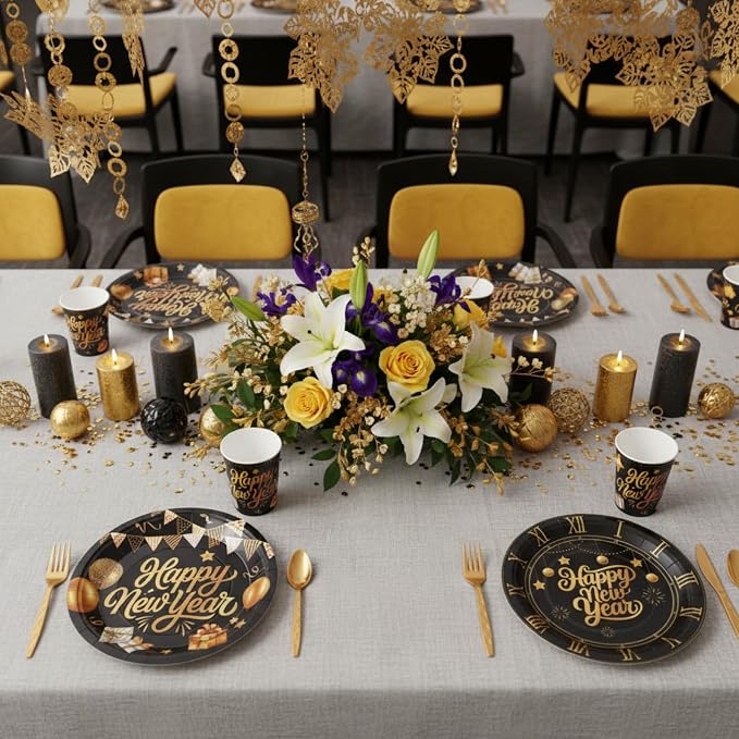 Zhehao 350 Pcs Happy New Year Party Supplies Tableware 2026 New Years Eve Dinnerware Set for 50 Guests Disposable Black Gold Paper Plates, Napkin, Cup, Knife, Fork and Spoon for Celebration (Balloon)