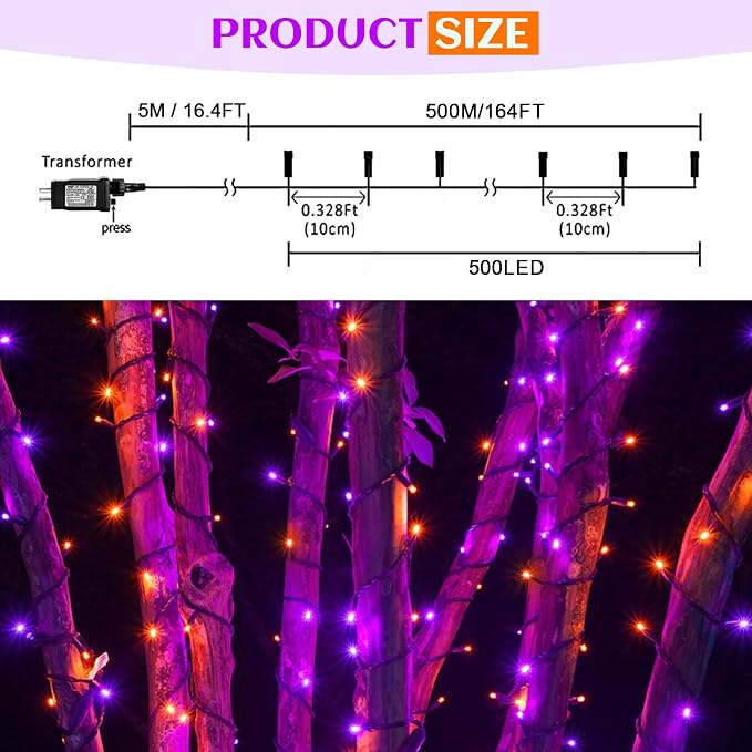 kemooie 500 LED Halloween Lights, 164FT 8 Lighting Modes Plug in Waterproof Fairy Lights for Outdoor Tree Party Garden Balcony Halloween Decorations (Purple and Orange)