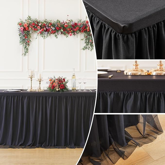 Black Tulle Tablecloths for 6 Foot Rectangular Tables 6ft Black Table Cloth Rectangle Wrinkle Free Stretch Spandex Table Cover with Tutu Skirt for Wedding Birthday Party Banquet Buffet Tradeshow