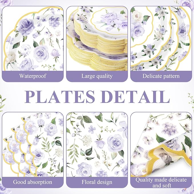 Funnymoom 250 Pcs Floral Party Decoration Flower Paper Plates Napkins and Cups Purple and Gold Floral Disposable Tableware Set for Bridal Shower Baby Shower Wedding Spring Tea Party Supplies Serves 50