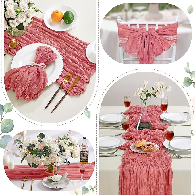 12 Pack Rose Cheesecloth Table Runner 10FT Long Easter Spring Boho Gauze Table Runner Rustic Sheer Runner for Wedding Bridal Baby Shower Birthday Party Table Decor Home Easter Decorations