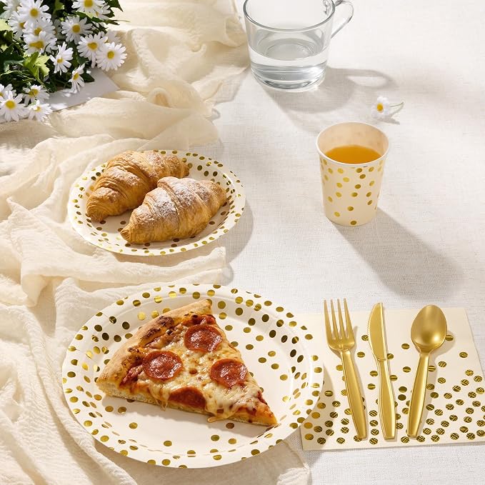 Goodlluck 175PCS Ivory Gold Foil Polka Dot Disposable Party Tableware Set, 25 Guests | 9" & 7" Golden Dot Disposable Paper Plates, 9oz Cups, Napkins & Gold Cutlery for Birthday, Wedding & Baby Shower