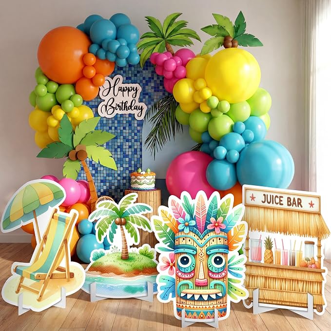 Honoson Large 32" Tiki Aloha Luau Party Decoration Cardboard Cutouts, Tiki Bar Totem Backdrop Standup Yard Signs for Hawaiian Party Supplies Tropical Summer Beach Pool Photo Booth Props