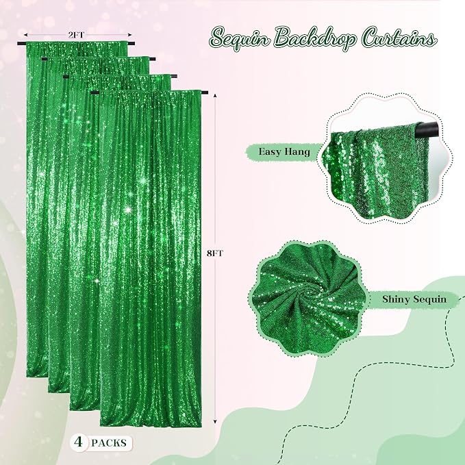 PartyDelight Green Sequin Backdrop Curtains 2x8ft 4 Panels | 3mm stitched sequin curtain with 4 inch rod pocket for 2x8ft 4 panel fuller wall coverage pleated backdrop and 8ft stand