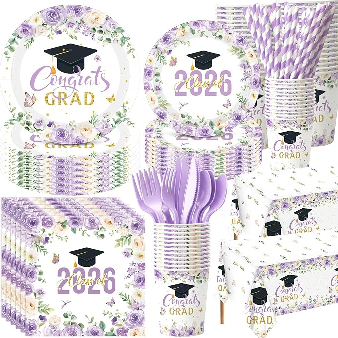 Funnymoom 452 Pcs Purple Floral Graduation Decoration Girl for 50 Guests, Class of 2026 Floral Graduation Paper Plates Napkins Cups Tablecloth Cutlery Straws for 2026 Congrats Grad Party Supplies