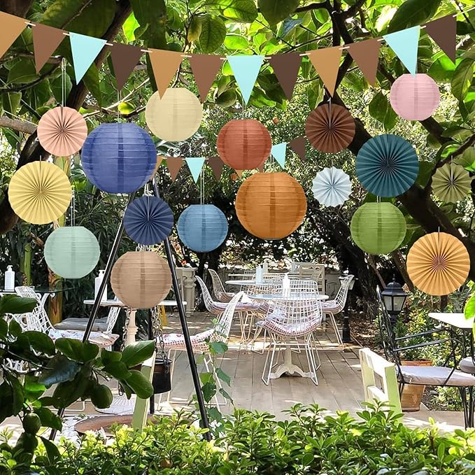 EEEKit 20 PCS Hanging Paper Fans for Birthdays, Boho Party Fan Decorations Set with Lanterns and Flags for Christmas, Wedding Decor