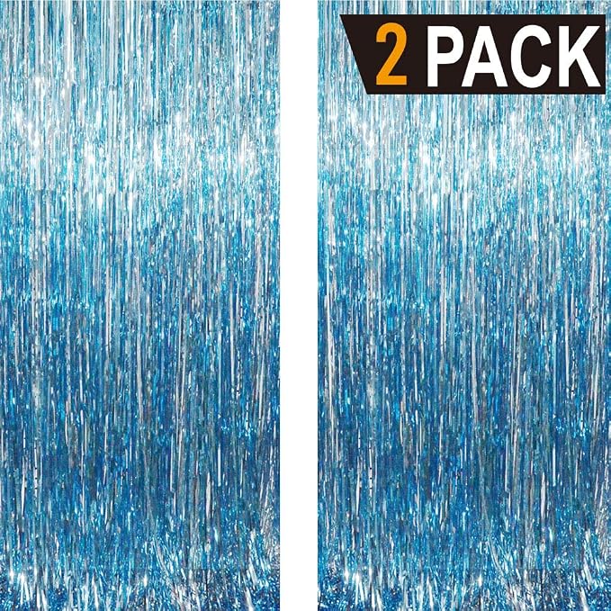 GOER 6.4 ft x 9.8 ft Metallic Tinsel Foil Fringe Curtains,Pack of 2 Party Streamer Backdrop for Birthday,Graduation Decorations and New Year Eve (Light Blue)