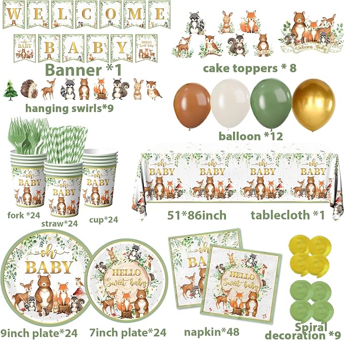 Woodland Baby Shower Decorations,196pcs Woodland Baby Shower Plates and Napkins Cups Sage Forest Animals baby Shower Tablecloth Cake Toppers Balloons for Boy Babys Shower Decorations