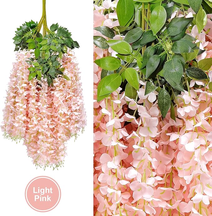 U'Artlines 12 Pack (Total 43.2 Feet) Artificial Fake Wisteria Vine Rattan Hanging Garland Silk Flowers String Home Party Wedding Decor (12, Light Pink)