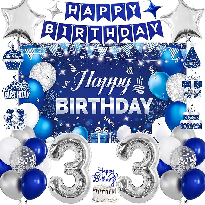 33rd Birthday Decorations for Men & Women, Navy Blue and Silver Happy 33rd Birthday Party Decorations with Number Balloons, Hanging Swirls, Cake Topper for 33 Years Old Party Supplies
