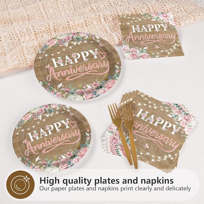 96Pcs Happy Anniversary Party Decorations Rustic Pink Floral Happy Anniversary Plates and Napkins Wooden Cheers to Marriage Decoration for 40th 50th Wedding Commemoration Day Party Supplies Serves 24