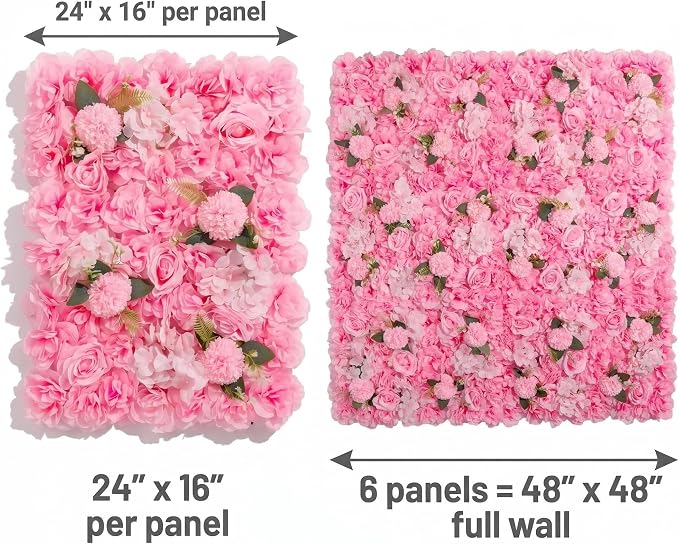 3D Flower Wall Backdrop - 6Pcs 16×24 Inch Artificial Rose Panels Pink Silk Floral Decor for Home Party Wedding Anniversary Birthday Photographic Studio Background & Decorative Fences