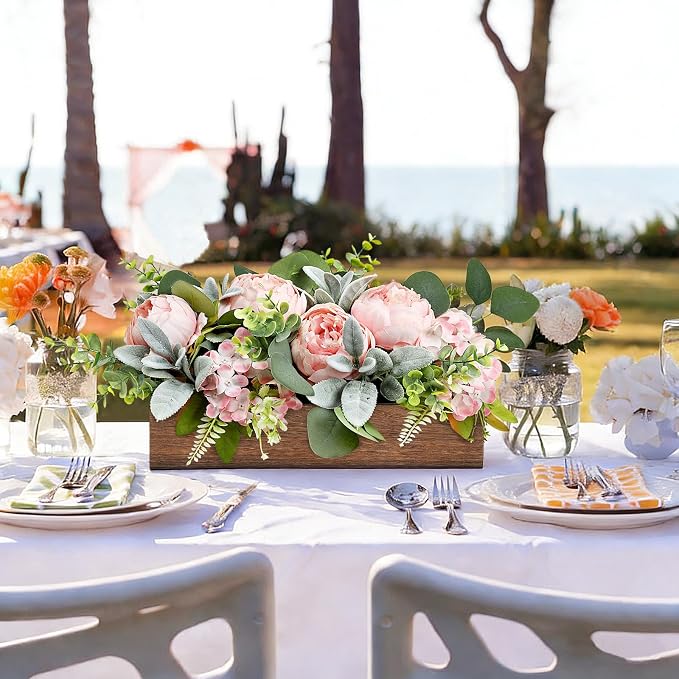Pink Floral Centerpieces for Table, Pre-Made Artificial Peonies Hydrangea Centerpieces for Dining Table Wood Fake Flower Decorations for Wedding Living Room Party Bar Kitchen Table