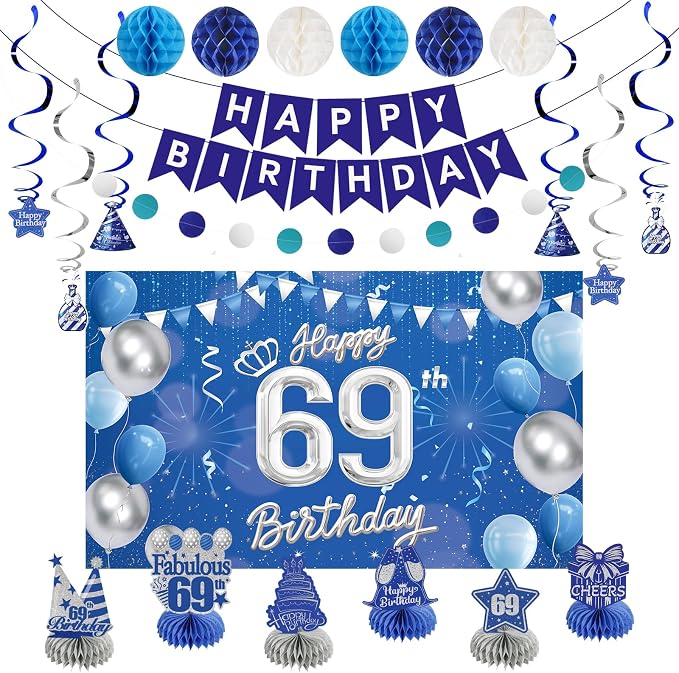 Happy Birthday Party Decoration Set: Including Birthday Banner Backdrop, Party Table Centerpieces and Hanging Swirl Party Streamers, Birthday Decor Suppliers for Men and Women (Blue, 69th Birthday)