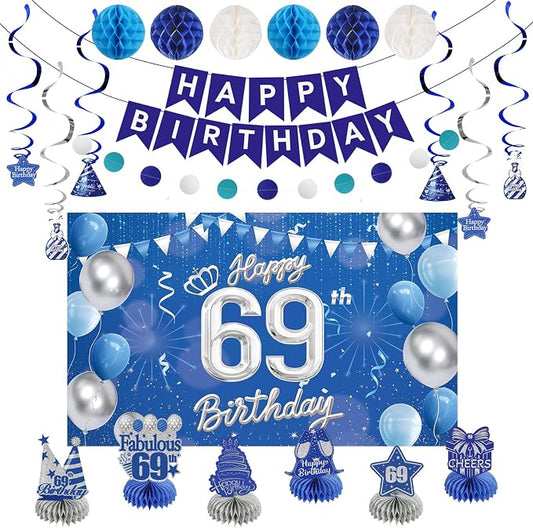 Happy Birthday Party Decoration Set: Including Birthday Banner Backdrop, Party Table Centerpieces and Hanging Swirl Party Streamers, Birthday Decor Suppliers for Men and Women (Blue, 69th Birthday)