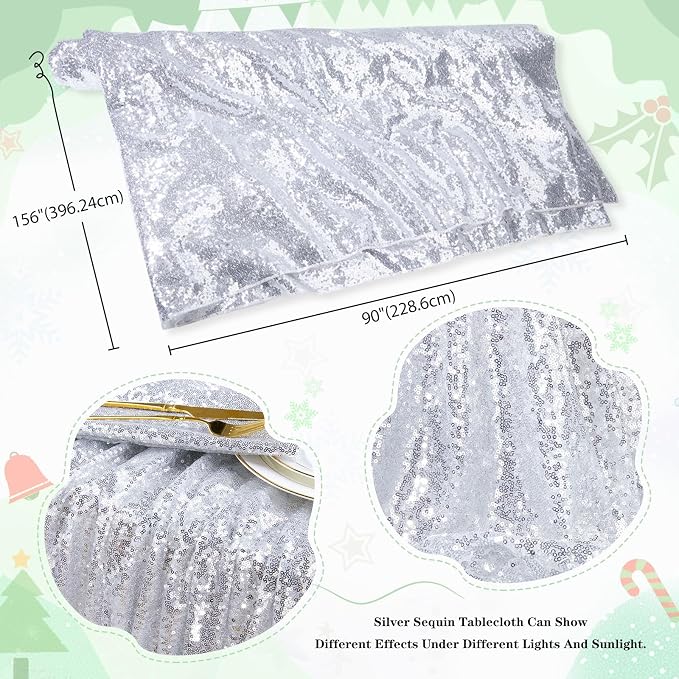 MoKoHouse Tablecloth Rectangle 90x156 Silver Sequin Table Cloth Seamless Glitter Fabric for Home Party Wedding Decor Christmas Decorations