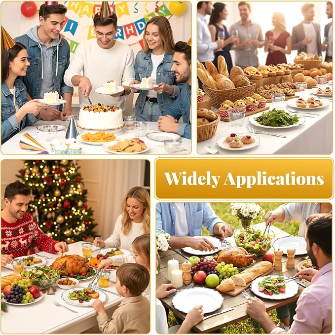 Glowserve 175 Piece Disposable Plastic Plates Dinnerware Set for 25 Guests | 50 Plastic Plates,25 Silverware Set,25 Cups and Napkins,Party Wedding Birthday,Family Gathering,Fancy Plastic Plates