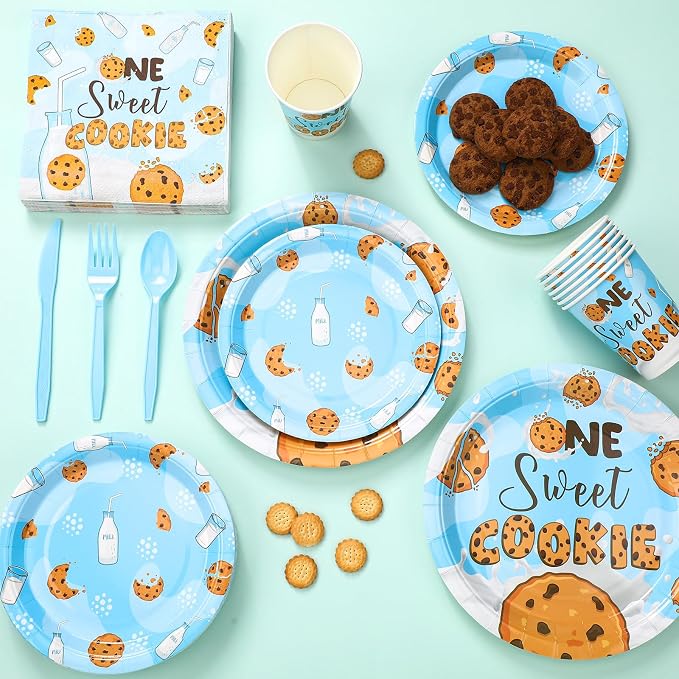 Yungyan 252 Pcs Milk and Cookies Birthday Party Tableware Set One Sweet Cookie Plates Napkins Cups Forks Knives Spoons for 1st Birthday Party Decorations Supplies 36 guests