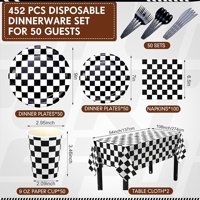 Funnymoom 452 Pcs Checkered Flag Party Supplies for 50 Guests, Black and White Checkered Paper Plates Napkins Cups Tablecloth Cutlery Straws for Race Car Birthday Party Decorations