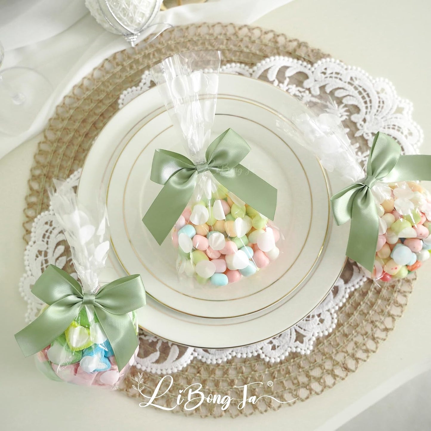 3.5" Sage Green Bow Satin Pre-Tied Bows for Gift Wrapping, Small Bows for Crafts, Premade Bows, Candy Apple Bows, Twist Tie Bows for Cake Decorating, Party Favor, Wedding Decoration-36 Counts