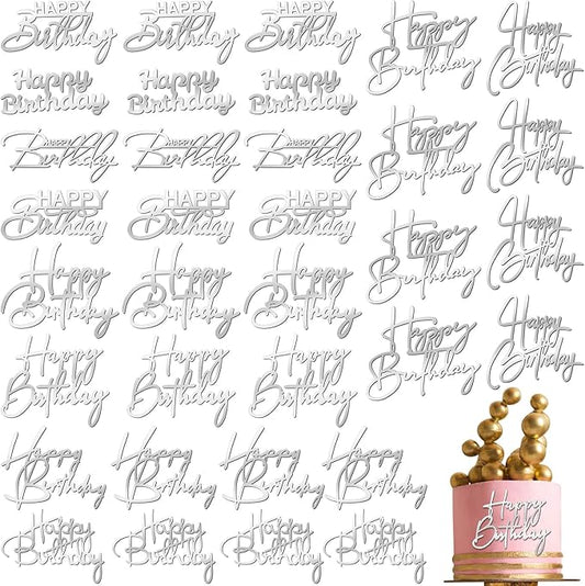 Barydat 50 Pcs Happy Birthday Cake Toppers Bulk Mirror Acrylic Cupcake Topper Cupcake Decorations Happy Birthday Sign for Cake Side Inserts Decor Party Supplies 10 Style (Silver)