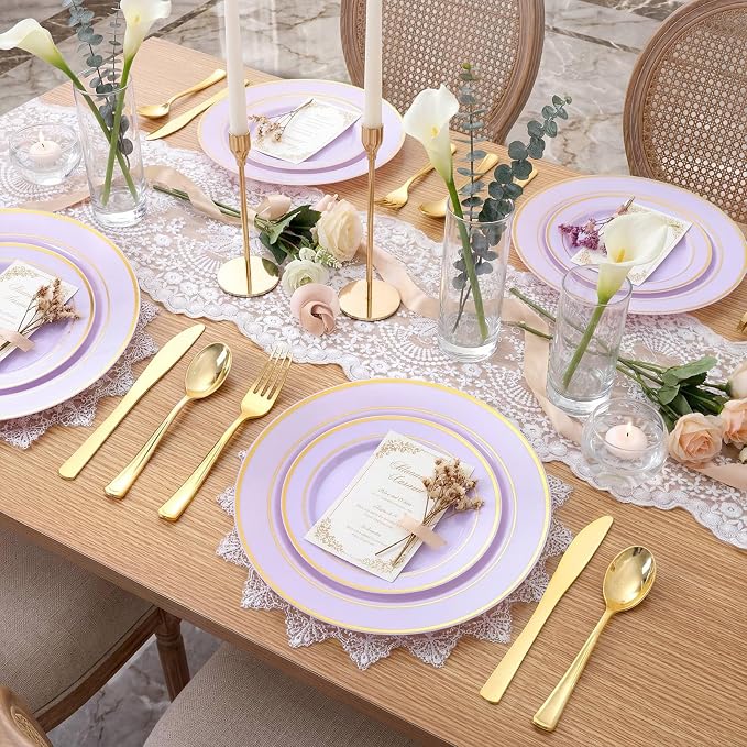 WDF Partyware 350PCS Purple Plates Disposable - Purple Plastic Plates 50Guests Lavender Disposable Dinnerware Sets with Rolled Napkins for Wedding/Birthday/Baby Shower/Bridal Shower