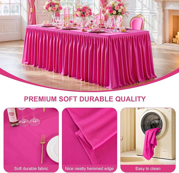 6 Packs Hot Pink Tableclothes for 8 Foot Rectangle Tables, Wrinkle Free Fitted Table Cloth 8ft Stretch Table Cover with Skirt for Parties Weddings Birthday Banquet Baby Shower