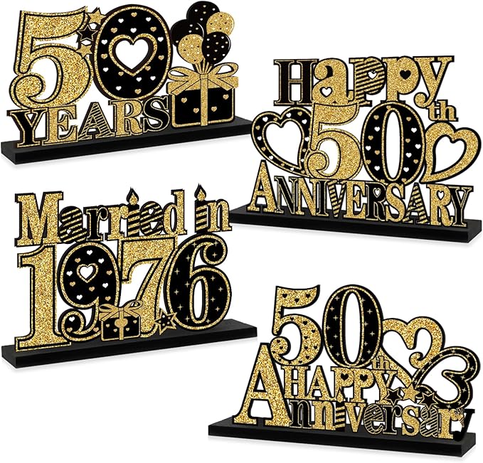 Eiurteao 4 Pieces 50th Anniversary Decorations Married in 1976 Table Sign, Black Gold Happy 50 Wedding Anniversary Table Centerpieces Party Supplies, Cheers to 50 Year Anniversary Table Decor