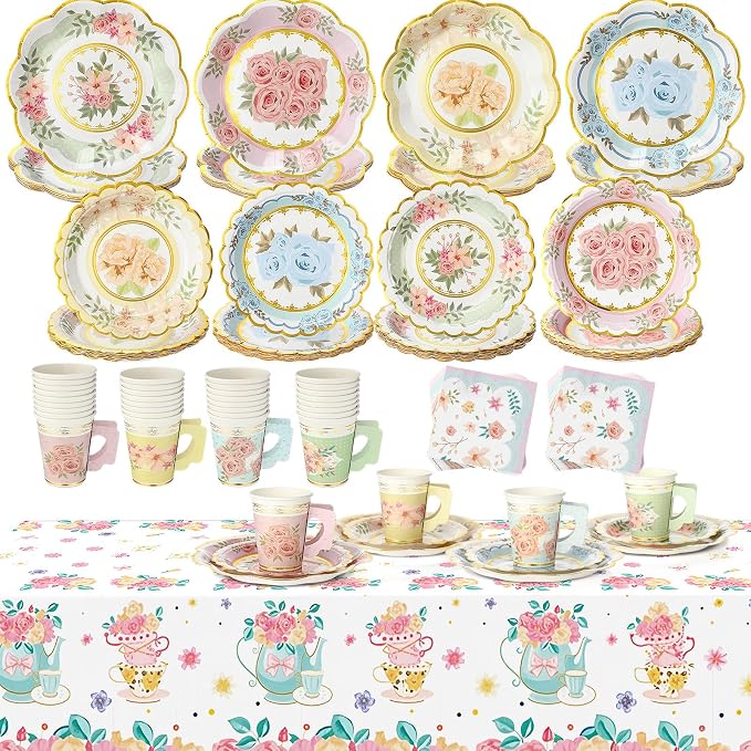 Yungyan 193 Pcs 48 Guests Tea Birthday Party Supplies Disposable Tableware Set 9 oz Paper Tea Cups with Handle 7" 9" Paper Plates Napkin Tablecloth for Floral Party Wedding Baby Shower (Sweet Style)