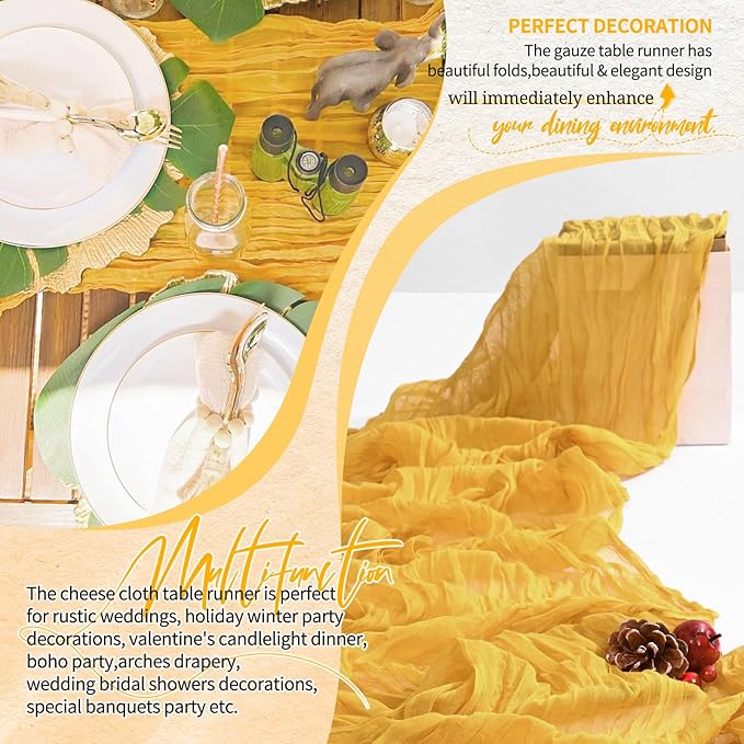 30 Pack Cheesecloth Table Runner 10FT Gold Table Runner Boho Gauze Cheese Cloth Table Runners Long Rustic Sheer Table Decorations for Wedding Party Baby Bridal Shower Birthday Holiday Home