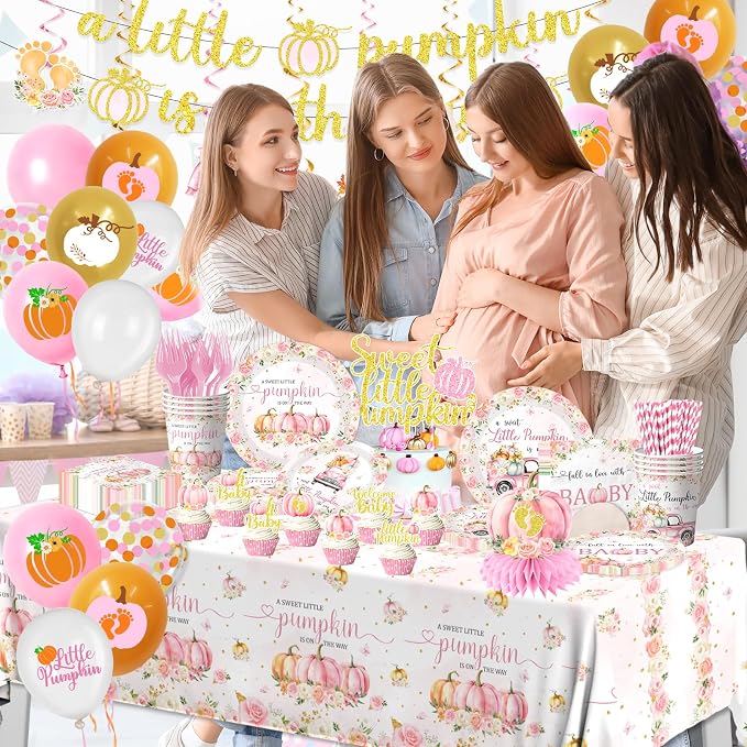 Little Pumpkin Baby Shower Decorations,198pcs A Little Pumpkin is On The Way Baby Shower Plate and Napkins Cups Tablecloth Cake Topper Honeycomb Balloon Fall baby shower Decorations for Girl ,Serve 24