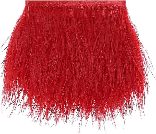 AWAYTR Ostrich Feather Trim Fringe - Satin Ribbon Dress Sewing Crafts Costumes Decoration Pack of 2 Yards (Red)