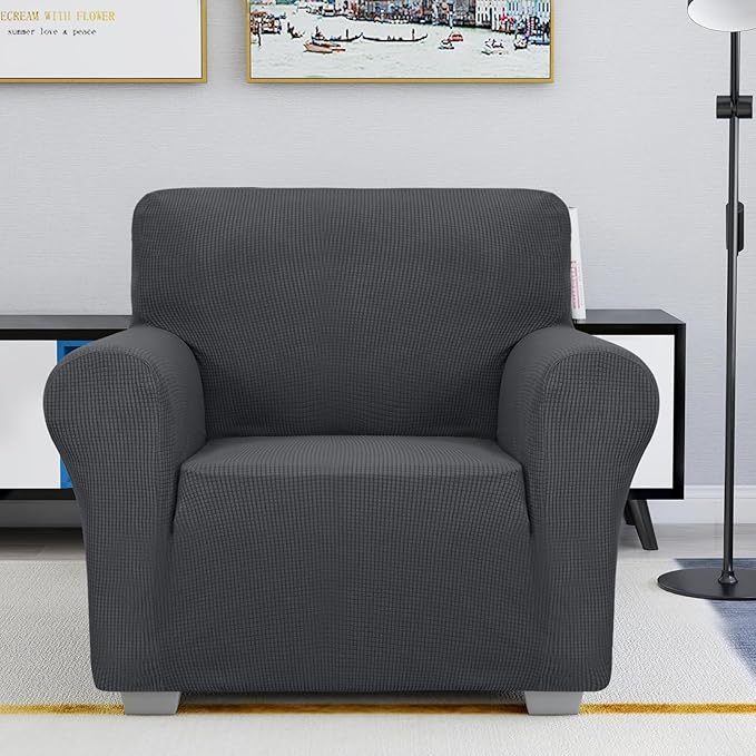 JIVINER Super Stretch Chair Sofa Slipcovers 1-Piece Jacquard Chair Covers for Living Room Soft Anti Slip 1 Seater Couch Furniture Protector Small Checks for Kids Pets (Chair, Grey)