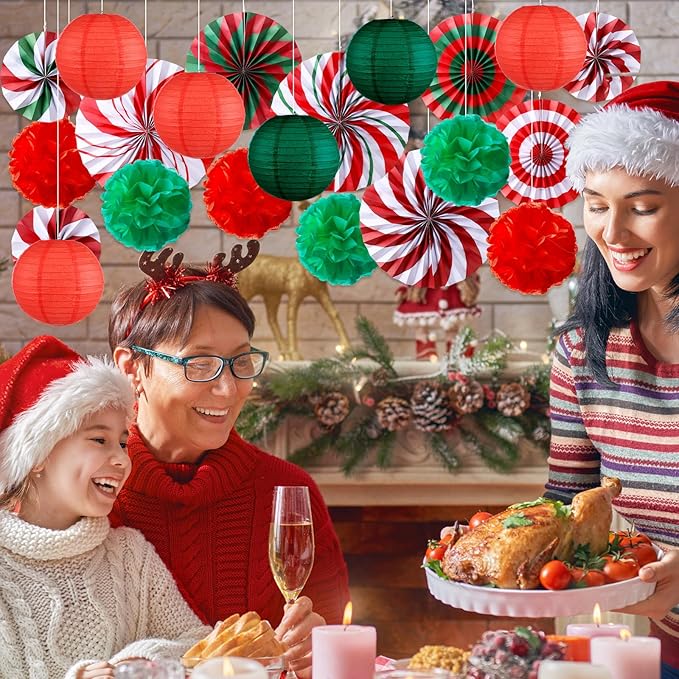 Outus Christmas Hanging Decorations Xmas Candy Paper Fans Tissue Pom Poms Colorful Paper Lanterns for Winter Holiday Party Supplies Classroom Ceiling Wall Decor