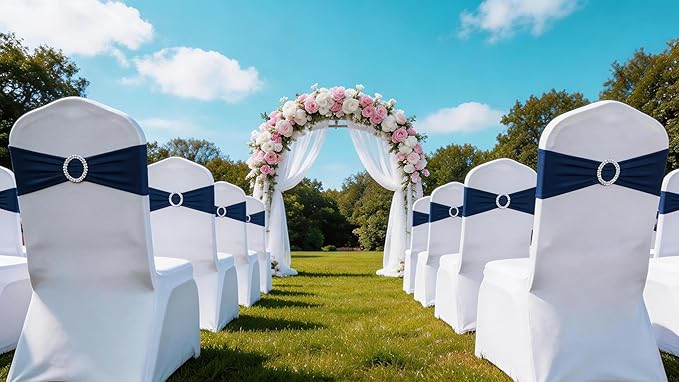 Wedding Navy Blue Chair Sashes 100 Pack Spandex Chair Bands with Buckles Dark Blue Chairs Bows for Party Birthday Bridal Shower Engagement Anniversary Outdoor Event Decorations