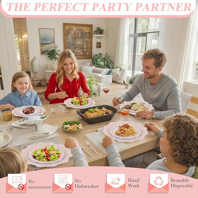 WDF 100PCS Pink Plastic Plates - Heavy Duty Pink and Gold Disposable Plates - Include 50 Dinner Plate and 50 Cake Plastic Plate for Baby Shower/Wedding/Spring/Bridal Shower/Tea Party/Mother's Day
